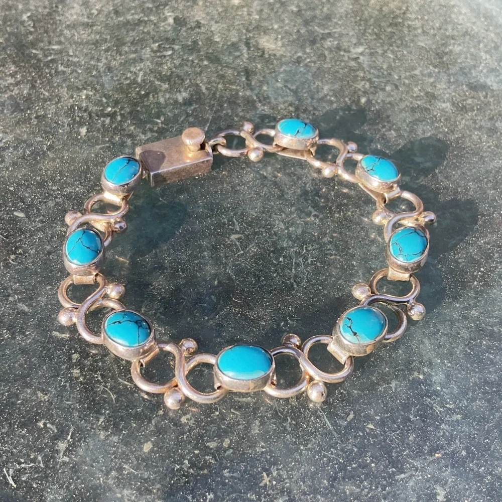 Gorgeous Mexican 925 Sterling Silver Turquoise Oval Link Chain Bracelet 7.5in - Picture 7 of 9